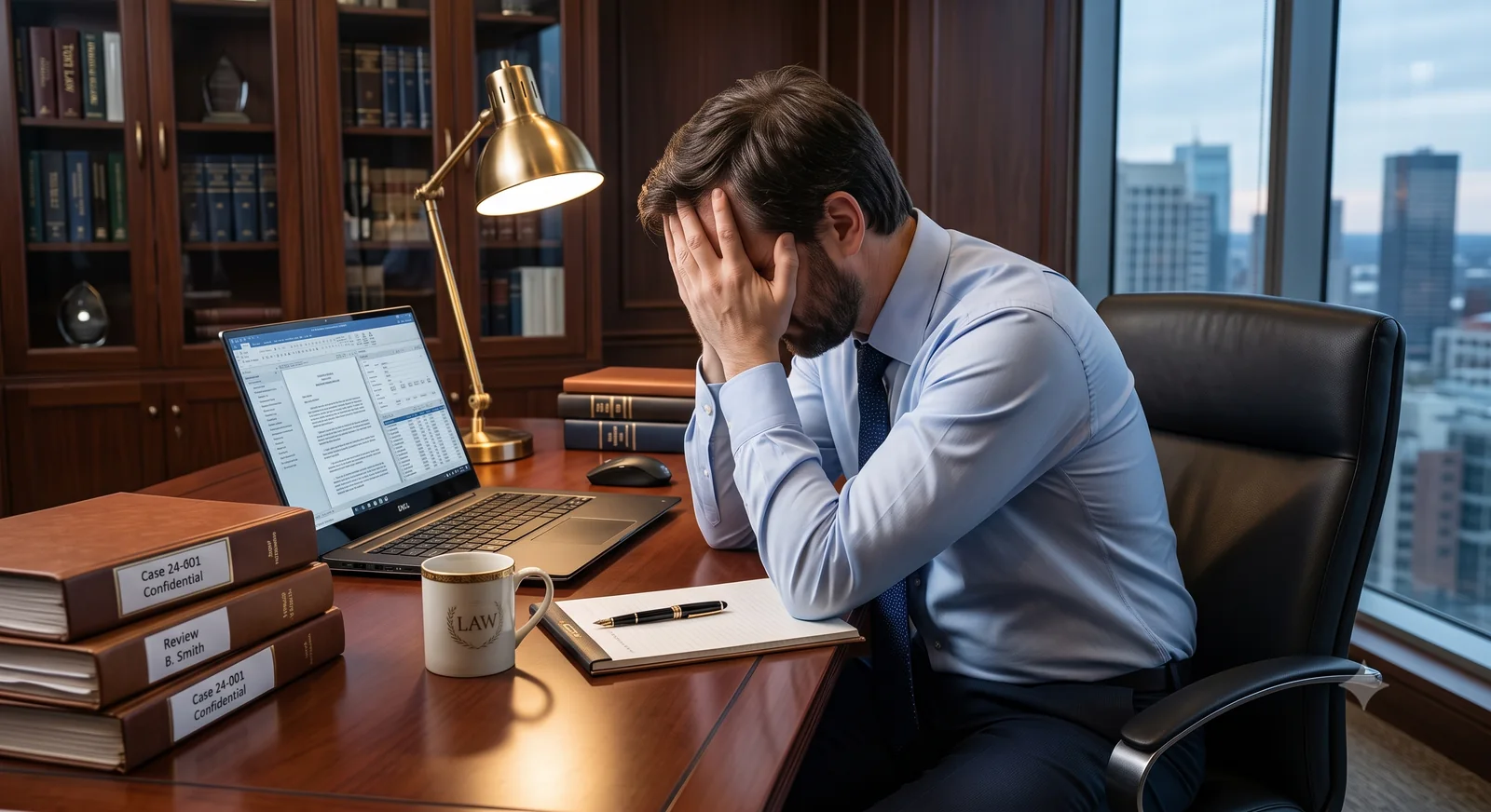 A business owner at his desk, head in his hands, overwhelmed